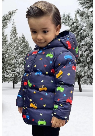 Freemen Erkek Çocuk Polarlı Kapüşonlu Araba Yıldız Ay Desenli Kışlık Şişme Mont & Kaban & Parka Siyah