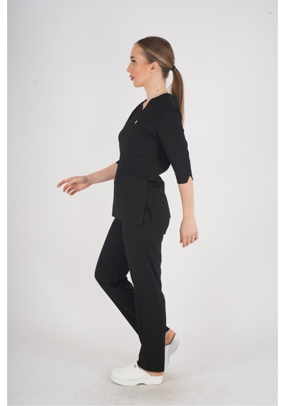 Unisex Siyah Violet Model Scrubs Takım Doktor Hemşire Üniforması Siyah Siyah