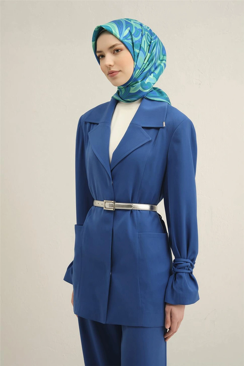 Armine Geometrik Desenli Saf İpek Twill Eşarp 9323 53 Mavi
