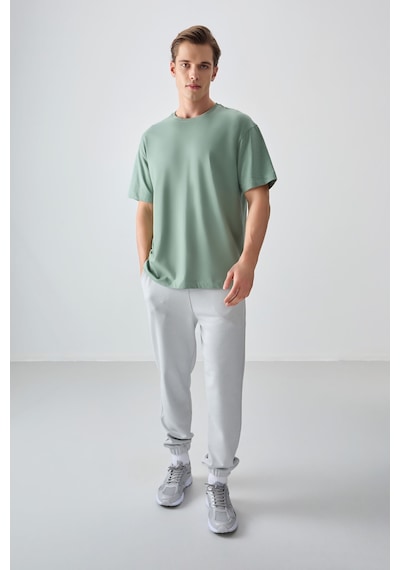 Air Jones Açık Yeşil %100 Pamuk Kalın Yumuşak Dokulu Oversize Fit Basic Erkek T-shirt - 88353 Camel
