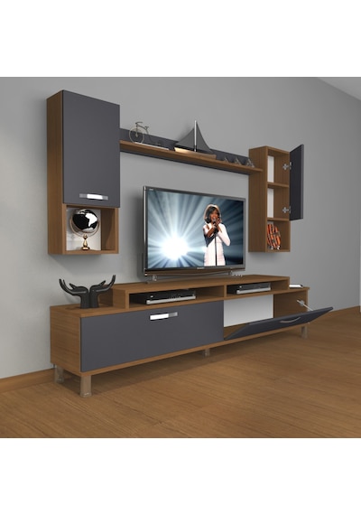 Decoraktiv Ekoflex 5da Mdf Krom Ayaklı Tv Ünitesi Tv Sehpası Ceviz - Antrasit