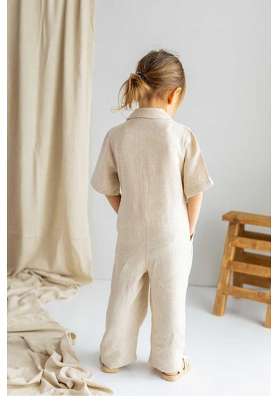 Oliven The Kid Oliventhekid Bej Naturel Keten Önden Düğmeli Beli Pileli Kısa Kol Kız Çocuk Tulum Bej Bej