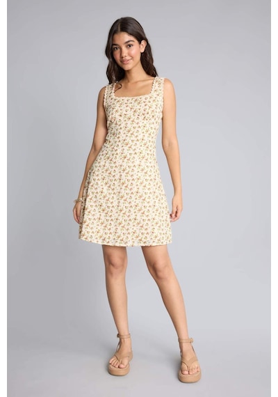 Defacto %100 Pamuk Bodycon Vücudu Saran Kare Yaka Çiçekli Askılı Mını Ecru Elbise H0989ax26smer105 Ekru-er105