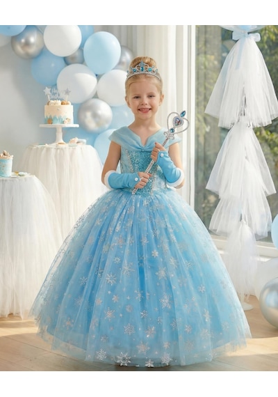Butikhappykids Kız Çocuk Kostüm Mavi Elsa Frozen Düşük Omuz Detaylı Kasnaklı Kabarık Elsa Kostüm 3-8 Yaş Mavi