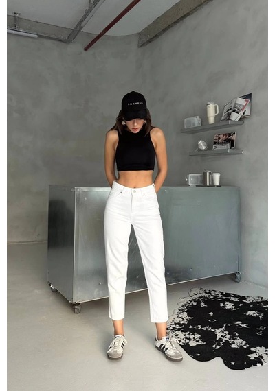 Premium Beyaz Renk Mom Jeans Beyaz