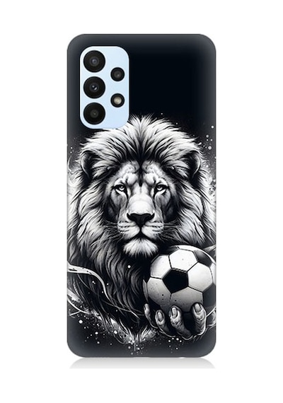Samsung Galaxy A23 Uyumlu Siyah Beyaz Aslan Ve Futbol Topu Desenli Silikon Kılıf