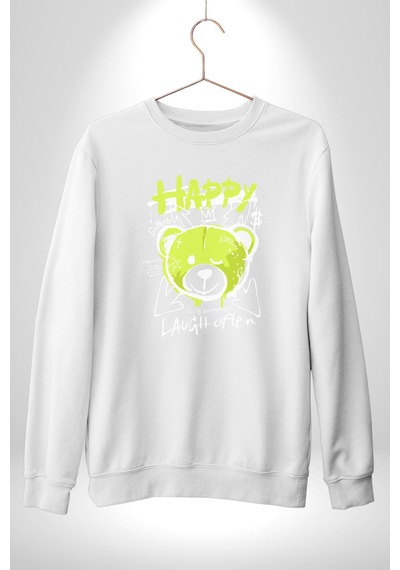 Sık Sık Mutlu Gülmek Teddy Bear Unisex Beyaz Sweatshirt Beyaz