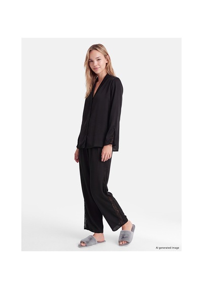 Lcw Dream Siyah Gömlek Yaka Dantelli Kadın Pijama Takım