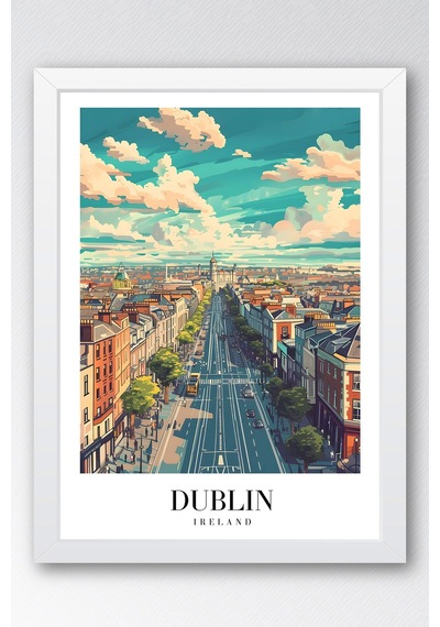 Dublin Ireland Vintage Seyahat Posteri Çerçeveli Tablo - Premium Şehir Elit Duvar Dekoru Beyaz
