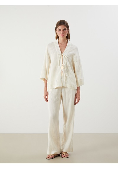 Lcw Vision Beyaz Şal Yaka Dokulu Oversize Kadın Kimono