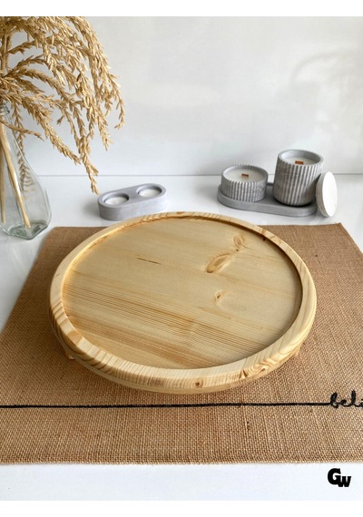 Yuvarlak Doğal Ahşap Sunum Tabağı Ayaklı Çukur Ahşap Sunumluk Beyaz Çam Çap:28cm Yük:6,5cm Ş
