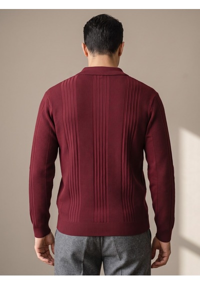 Maccali Erkek Bordo Petek Dokulu Fermuarlı Polo Yaka Triko Kazak