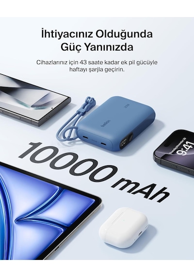 Belkin Bpb027hqbl Boostcharge 10.000 Mah 20w Usb-c Powerbank Dijital Göstergeli Taşınabilir Şarj Cihazı - Mavi Siyah