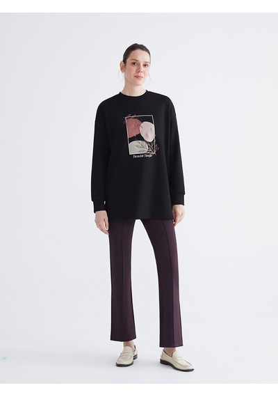 Lcw Everyday Siyah Bisiklet Yaka Baskılı Oversize Kadın Tunik