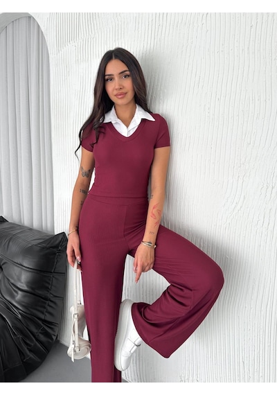 Elaxi Ottoman Kumaş Gömlek Garnili Crop-pantolon İkili Takım Bordo Elaxi Ottoman Kumaş Gömlek Garnili Crop-pantolon İkili Takım Bordo