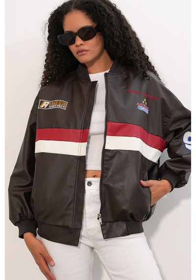 Bigdart 0698 Baskılı Suni Deri Bomber Ceket - Kahverengi