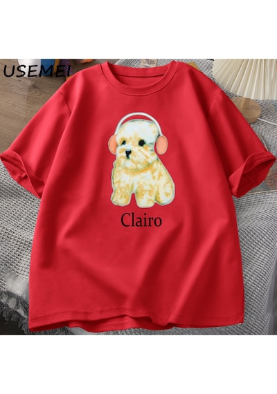 Flood Of Style Clairo Köpek Yavrusu Kulaklık T-shirt Komik Sevimli Kedi Tee Merch Y2k Erkek Giyim Büyük Boy Kırmızı