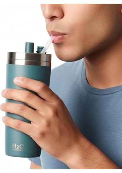 Gri Paslanmaz Çelik Pipetli Termos Kupa - 660 Ml Büyük Boy Venti - Sıcak Ve Soğuk Tutan Mug - Araç Ve Ofis Tipi Bardak Yeşil Açık Beyaz