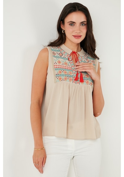 Lela Pamuklu Regular Fit Nakış Işlemeli Bayan Bluz 611Bz0249 Bej