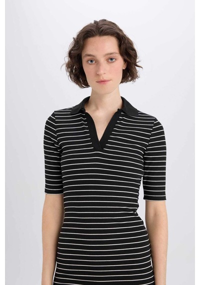 DeFacto Bodycon Vücudu Saran Polo Yaka Fitilli Kaşkorse Kısa Kollu Midi Elbise E6792AX25SPBK27