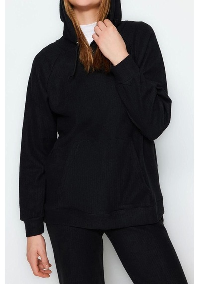 Ersefa Moda Yüksek Bel Bisiklet Yaka Sportswear Kapüşonlu Kaşkorse Sweat siyah