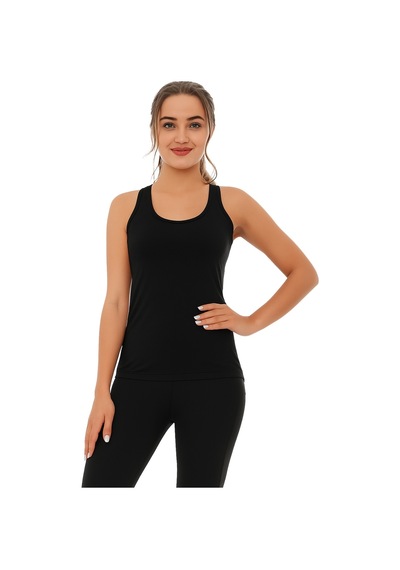 Ghassy Co. Kadın Nem Emici Kompresyonlu Kolsuz Omuz Açık Tasarım Spor Atlet Siyah