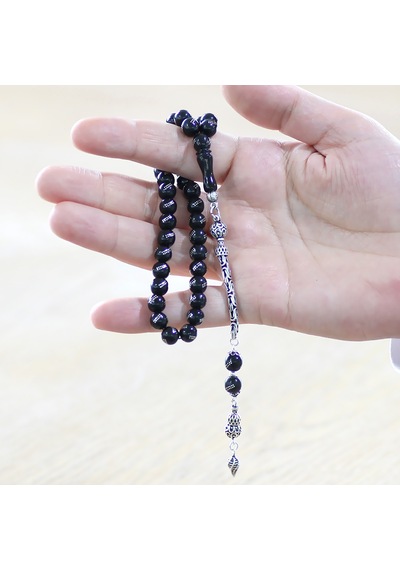 925 Ayar Gümüş Kral Zincir Püsküllü Gümüş İşlemeli Küre Kesim Rus Oltu Tesbih Siyah