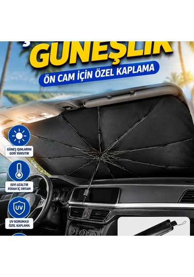 Araç İçi Ön Cam Güneşlik Şemsiye Tipi Yansıtıcı Kaplamalı Katlanabilir Oto Güneş Koruyucu