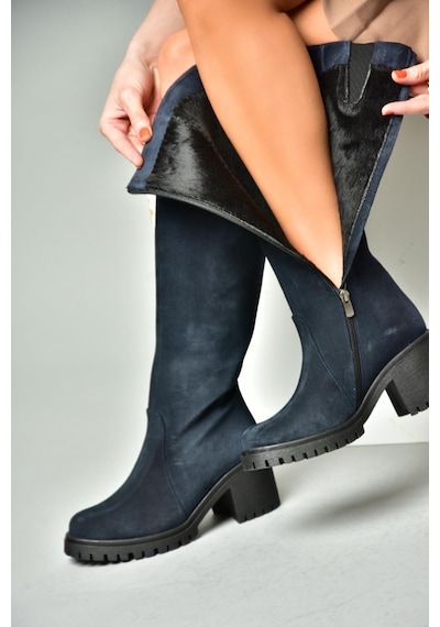Fox Shoes R654047702 Lacivert Hakiki Deri Süet Kalın Topuklu Kadın Çizme Lacivert