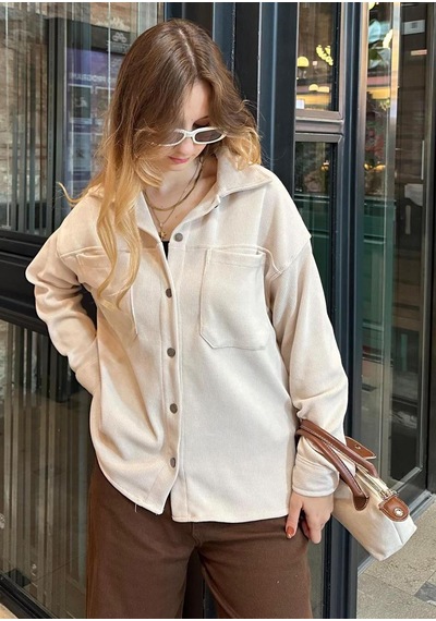 Madmext Bej Cep Detaylı Kadın Gömlek Mg2241 Bej
