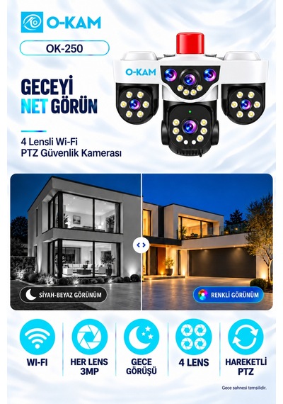 O-kam Ok-250 Premium W 4 Lensli Wi-fi Ptz Güvenlik Kamerası