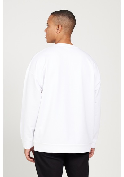 AC&Co / Altınyıldız Classics ERKEK BEYAZ Oversize Fit Geniş Kesim Bisiklet Yaka Baskılı Rahat Sweatshirt Beyaz