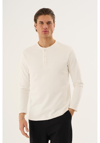 Alexandergardi Waffle Kumaş Düğmeli Yaka Uzun Kollu Sweatshirt Beyaz