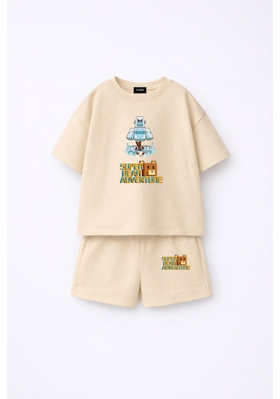 Fasardi Super Bear Adventure Süper Ayı Baskılı Oversize %100 Pamuk Kısa Kollu Unisex Çocuk T-shirt Bej