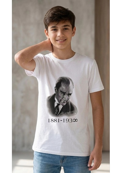 Erkek Çocuk Atatürk Baskılı Tişört Kısa Kollu Bisiklet Yaka T-shirt - Beyaz Çok Renkli