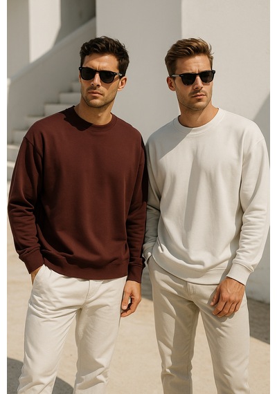 Rich Erkek 2'li Paket Kahverengi - Krem Bisiklet Yaka Scuba Basic Sweatshirt Kahverengi