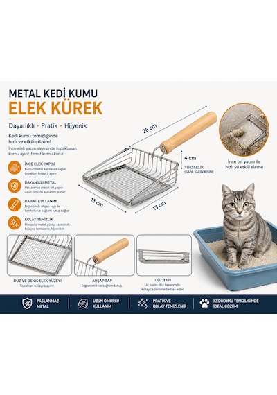Metal Kedi Kumu Elek Kürek Ahşap Saplı Paslanmaz Kum Küreği 26 Cm