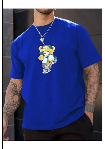 Medinenur Unisex Peluş Ayı Baskılı Bisiklet Yaka Tshirt Mavi