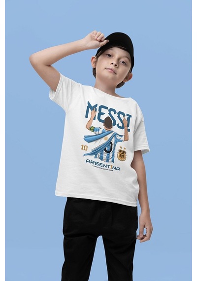 Sevbano Messi Argentina 10 Baskılı Unisex Futbolcu Çocuk Tişört 1-12 Yaş Beyaz