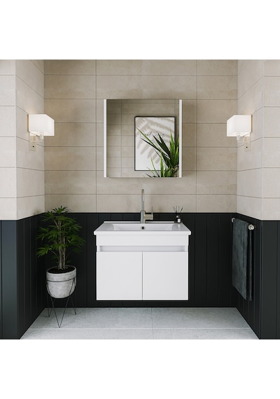 Banos Al3 Lavabolu Beyaz 65 Cm Aynalı Banyo Dolabı Takımı Beyaz