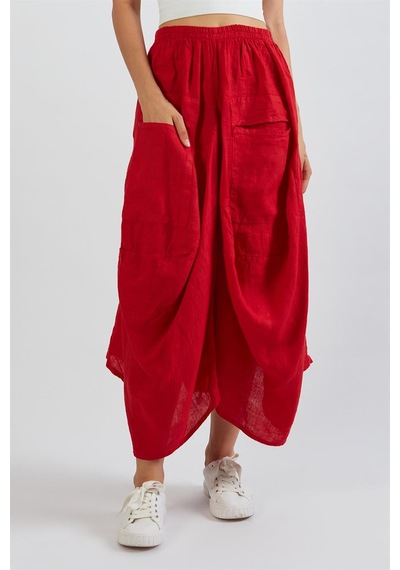 Bohem Stil İtalyan Cepli Keten Şalvar Pantolon Cmn00154 Kırmızı