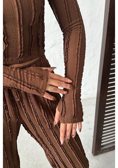 Trend Alisse Kahverengi Kışlık Premium Fitilli Parmak Geçmeli Crop Bluz Bol Paça Pantolon Takımı