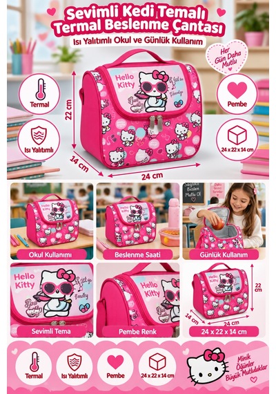 Hello Kitty Termal Isı Yalıtımlı Beslenme Çantası Çocuk Okul Yemek Çantası Pembe 24x22x14 Cm Çok Renkli