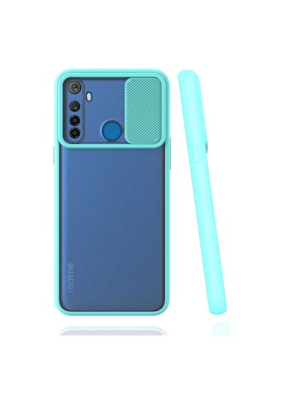 Noktaks - Realme Uyumlu Realme 5i - Kılıf Slayt Sürgülü Arkası Buzlu Lensi Kapak - Turkuaz T15450 Turkuaz