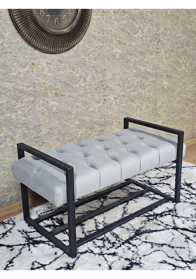 Zafir Siyah Boyalı Metal 80 Cm Puf Bench - Antre Puf - Hol Bench - Puf - Oturak - Bench Gri