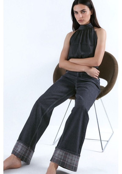 Hiccup Paça Ekose Detaylı Yüksek Bel Wide Leg Jeans Siyah