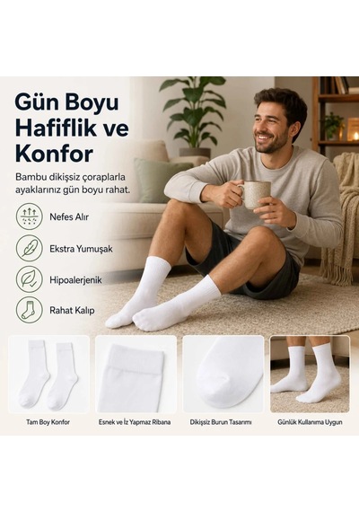 Genel Erkek Bambu Soket Çorap 6 Lı Paket, Dikişsiz Parfümlü Nefes Alan Yumuşak Nem Em Beyaz 6'lı / 39-44