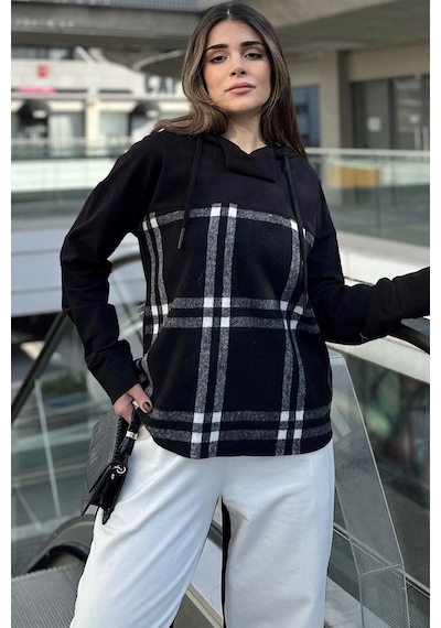 WeShaya Kadın Siyah Ekose Garnili, Rahat Kesim, Kapüşonlu İki İplik Sweatshirt Siyah