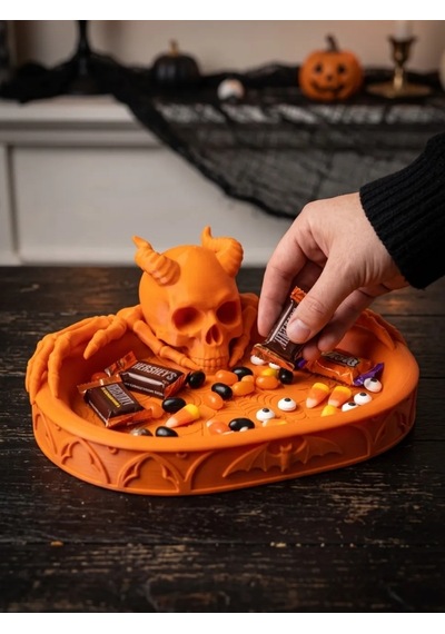 Halloween Cadılar Bayramı Dekoratif Boynuzlu Kuru Kafa Şekerlik Tepsi Masa Üstü Dekor