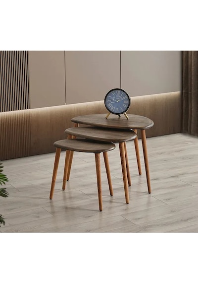 Favdecor Masif Doğal Ahşap Zigon Sehpa 3'lü Set Koyu Meşe